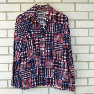Vintage 60s 70s Plaid Patchwork Shirt 43"B Butterfly Collar Moonglow Buttons